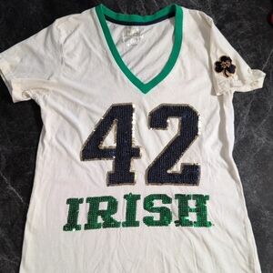 Women's White and Green V-Neck Tee Norte Dame